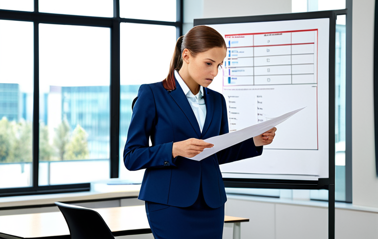 **

A determined businesswoman in a modest and professional business suit, standing confidently in a modern, bright office. Fully clothed in appropriate attire, she is reviewing a goal achievement sheet with stickers. Safe for work, perfect anatomy, correct proportions, natural pose, professional photography, high quality, family-friendly.

**