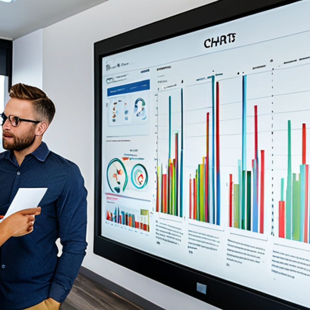 A professional team collaborating in a modern office space, reviewing a large display showing OKR progress charts, fully clothed, appropriate attire, safe for work, perfect anatomy, natural proportions, professional environment, high quality, family-friendly.