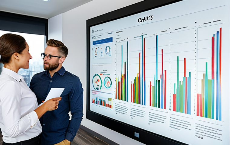 A professional team collaborating in a modern office space, reviewing a large display showing OKR progress charts, fully clothed, appropriate attire, safe for work, perfect anatomy, natural proportions, professional environment, high quality, family-friendly.