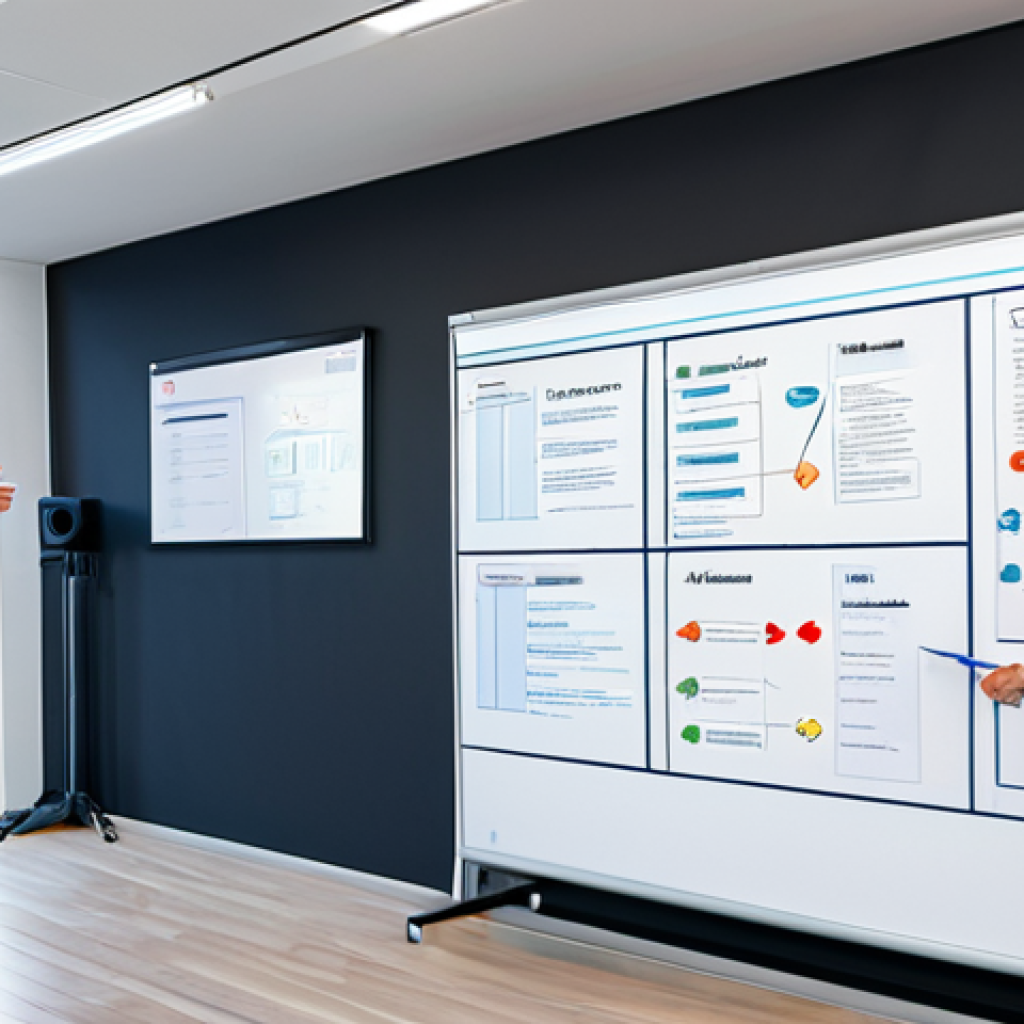 OKR 실행을 위한 비즈니스 모델 설계 - Business Model Canvas & OKR**
A well-lit, modern office setting. A business team is collaborating a...