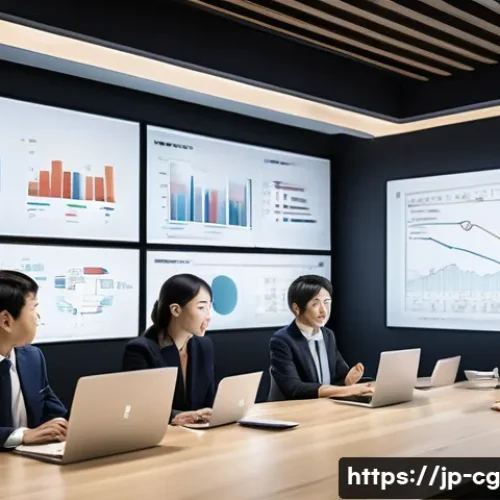 OKR의 글로벌 트렌드 및 발전 전망 - A modern Japanese office setting with diverse professionals collaboratively discussing OKR (Objectiv...
