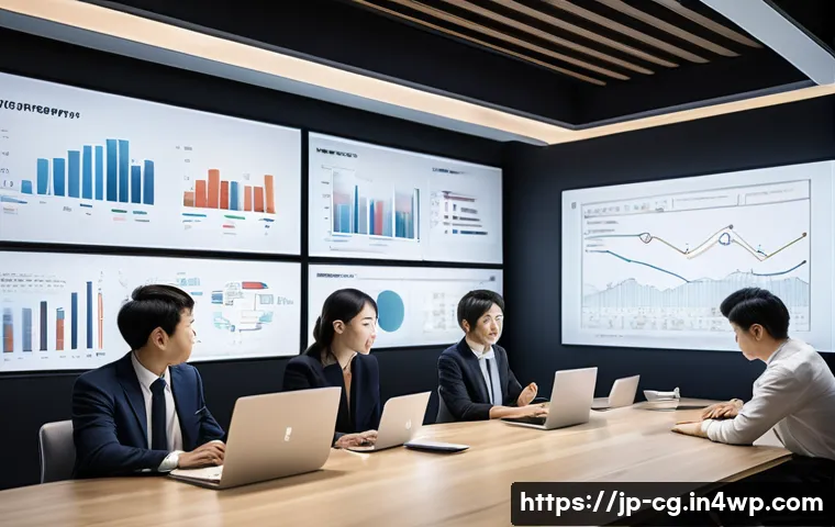 OKR의 글로벌 트렌드 및 발전 전망 - A modern Japanese office setting with diverse professionals collaboratively discussing OKR (Objectiv...