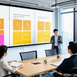 OKR 실행을 위한 자가 진단 체크리스트 - A modern Japanese office scene showing a diverse team gathered around a sleek conference table engag...