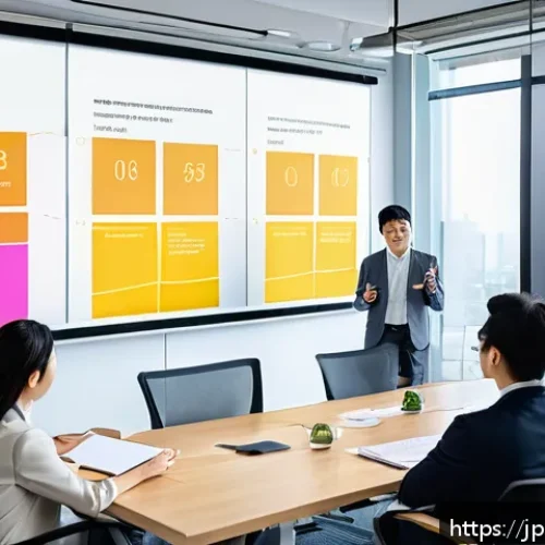 OKR 실행을 위한 자가 진단 체크리스트 - A modern Japanese office scene showing a diverse team gathered around a sleek conference table engag...