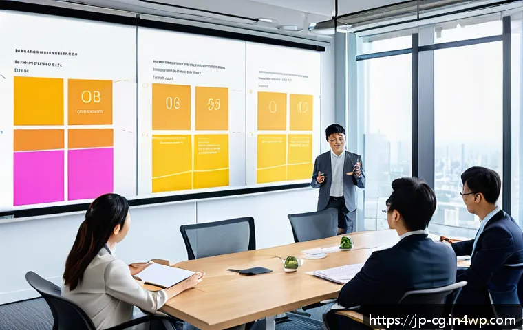 OKR 실행을 위한 자가 진단 체크리스트 - A modern Japanese office scene showing a diverse team gathered around a sleek conference table engag...