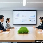 OKR과 팀의 성과 개선 사례 - A modern Japanese office scene with a diverse team of young professionals gathered around a sleek co...