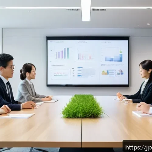 OKR과 팀의 성과 개선 사례 - A modern Japanese office scene with a diverse team of young professionals gathered around a sleek co...