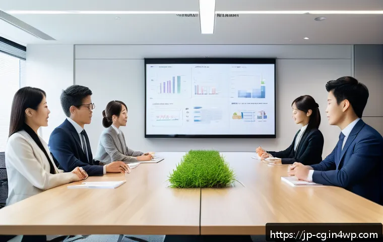 OKR과 팀의 성과 개선 사례 - A modern Japanese office scene with a diverse team of young professionals gathered around a sleek co...